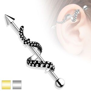 Piercing do ucha z oceli 316L - činka s kuličkou a hrotem, rameno chobotnice - Barva piercing: Stříbrná obraz