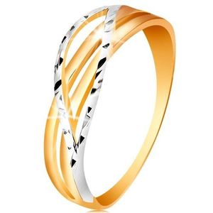 Dvoubarevný prsten ze 14K zlata - rozvětvené a zvlněné linie ramen, zářezy - Velikost: 51 obraz