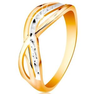 Dvoubarevný prsten ve 14K zlatě - zvlněné a rozvětvené linie ramen, rýhy - Velikost: 47 obraz