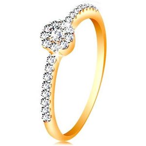 Prsten ve 14K zlatě - zářivý kvítek z čirých zirkonů, zdobená ramena - Velikost: 50 obraz