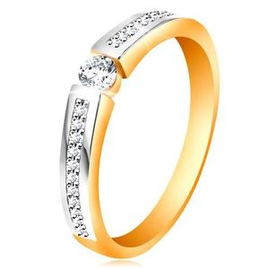 Zlatý 14K prsten s lesklými dvoubarevnými rameny, čiré zirkony - Velikost: 50 obraz