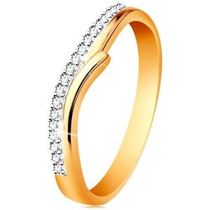 Zlatý 14K prsten s rozdělenými dvoubarevnými rameny, čiré zirkony - Velikost: 52 obraz