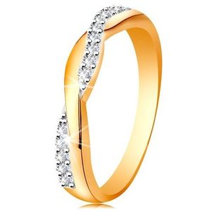 Lesklý prsten ze 14K zlata - dvě propletené vlnky - hladká a zirkonová - Velikost: 49 obraz