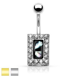 Ocelový piercing do bříška, černý obdélník s kousky perleti, zirkonový lem - Barva piercing: Zlatá obraz