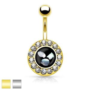 Ocelový piercing do bříška, černý kruh s kousky perleti, zirkonový lem - Barva piercing: Zlatá obraz