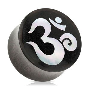 Sedlový plug do ucha ze dřeva černé barvy, duchovní symbol jógy ÓM - Tloušťka : 12 mm obraz