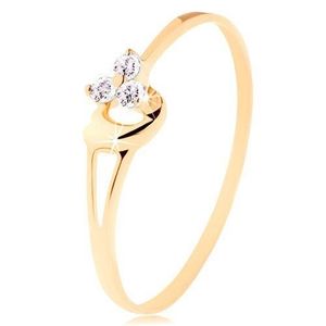 Prsten ze žlutého 14K zlata - tři diamanty v jemném růžovém odstínu, srdíčko - Velikost: 49 obraz