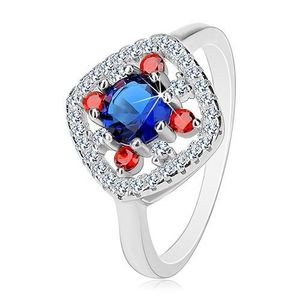 Stříbrný prsten 925, tmavě modrý střed, čiré a červené zirkonky - Velikost: 60 obraz