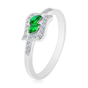 Stříbrný 925 prsten, zelená zirkonová zrnka v čiré kontuře, rhodiovaný - Velikost: 47 obraz