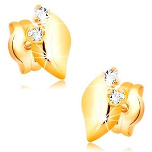 Diamantové náušnice ze žlutého 14K zlata - dva čiré brilianty, lesklý lísteček obraz