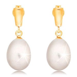 Zlaté 14K náušnice - visící oválná perla bílé barvy, lesklý proužek obraz