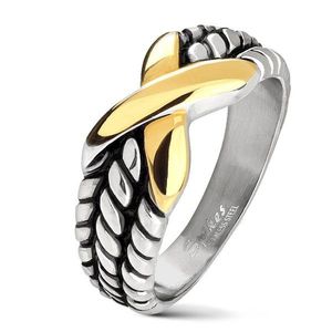 Ocelový prsten stříbrné barvy, zářezy na ramenech, X zlaté barvy - Velikost: 50 obraz