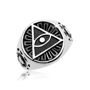 Prsten z oceli 316L, černý patinovaný kruh a trojúhelník s okem - Velikost: 58 obraz
