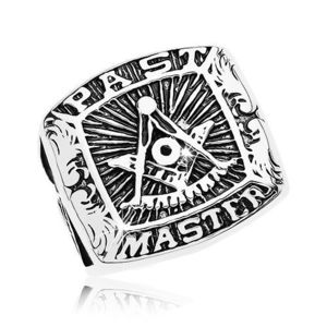 Prsten z chirurgické oceli, symboly svobodných zednářů a nápis, černá patina - Velikost: 57 obraz