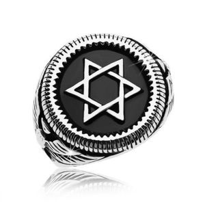 Mohutný prsten stříbrné barvy, ocel 316L, Davidova hvězda v černém kruhu - Velikost: 64 obraz