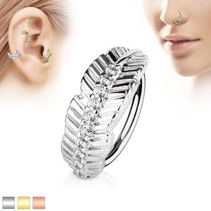 Piercingový kroužek z chirurgické oceli, úzký list s linií čirých zirkonů - Tloušťka x průměr: 1 mm x 8 mm, Barva piercing: Měděná obraz