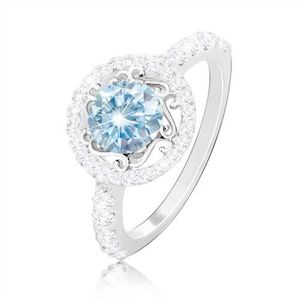 Stříbrný 925 prsten - světle modrý zirkon, ornamenty, zirkonový kruh a ramena - Velikost: 50 obraz