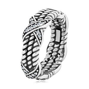Patinovaný stříbrný prsten 925, motiv zatočeného lana, křížky se zirkony - Velikost: 50 obraz