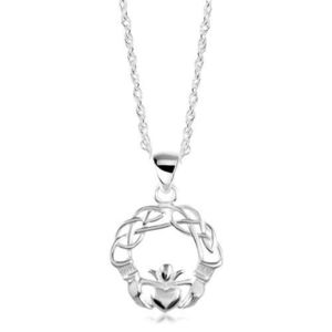 Stříbrný náhrdelník 925, zapletené linie, ruce a srdce s korunou obraz