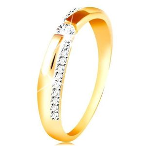 Zlatý 14K prsten - třpytivý a hladký pás, kulatý zirkon čiré barvy - Velikost: 58 obraz