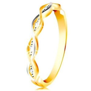 Zlatý prsten 585 - dvě tenké propletené vlnky z bílého a žlutého zlata, zirkony - Velikost: 49 obraz