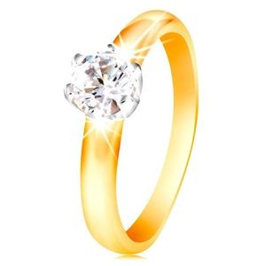 Zlatý 14K dvoubarevný prsten - čirý zirkon v šesticípém kotlíku, vypouklá ramena - Velikost: 50 obraz