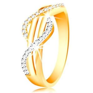 Zlatý prsten 585 - zirkonové vlnky ze žlutého a bílého zlata, rovné hladké pásy - Velikost: 49 obraz