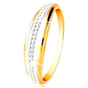 Zlatý 14K prsten - vypouklý pás s linií bílého zlata a čirých zirkonů - Velikost: 49 obraz