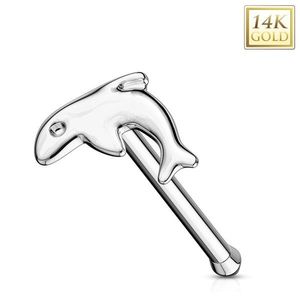Rovný piercing do nosu z bílého zlata 585 - malý lesklý delfín obraz