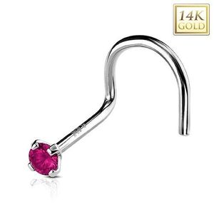 Zlatý 14K zahnutý piercing do nosu, kulatý tmavě růžový zirkon, 2 mm obraz