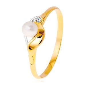 Diamantový prsten ze 14K zlata, dvoubarevné vlnky, čirý briliant a bílá perla - Velikost: 49 obraz