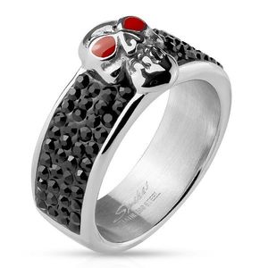 Ocelový prsten stříbrné barvy, lebka s červenýma očima, černé zirkony - Velikost: 59 obraz