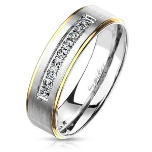 Dvoubarevný ocelový prsten, stříbrný a zlatý odstín, čiré zirkony, 6 mm - Velikost: 49 obraz