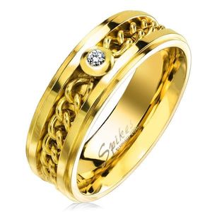 Prsten z chirurgické oceli zlaté barvy s řetízkem a čirým zirkonem, 7 mm - Velikost: 62 obraz