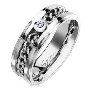 Ocelový prsten ve stříbrném odstínu s řetízkem a čirým zirkonem, 7 mm - Velikost: 49 obraz