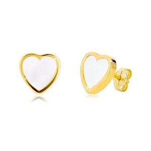 Náušnice ze žlutého 14K zlata - kontura symetrického srdce s přírodní perletí obraz