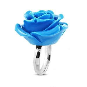 Prsten z chirurgické oceli - růže v rozkvětu, lesklá modrá pryskyřice - Velikost: 51 obraz