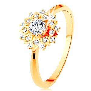 Zlatý prsten 375 - třpytivé slunce zdobené kulatými čirými zirkonky - Velikost: 58 obraz