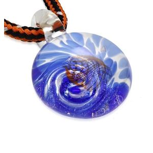 Šňůrkový náhrdelník - barvené sklo se spirálou modré barvy, oranžové vlnky obraz