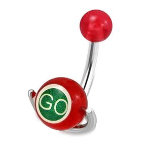 Piercing do pupíku z oceli - červená kulička, váleček s nápisy "GO" a "STOP" obraz