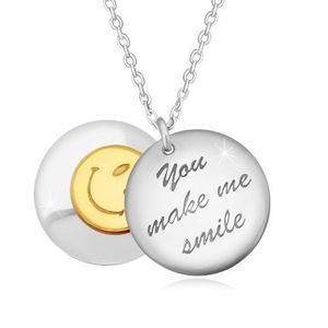 Stříbrný 925 náhrdelník - dva vypouklé kruhy, nápis "You make me smile", smajlík obraz