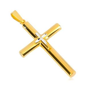 Stříbrný přívěsek 925 - kříž zlaté barvy, menší křížek uprostřed, zrníčkovité zářezy obraz