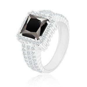 Stříbrný prsten 925 - černý zirkonový čtverec, čirý zirkonový lem a ramena - Velikost: 60 obraz