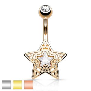 Ocelový piercing do bříška - vyřezávaná hvězdička s blýskavým zirkonem uprostřed - Barva piercing: Měděná obraz