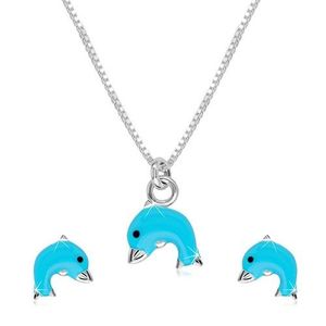 Stříbrný 925 dvojset - náhrdelník a náušnice, delfínek s modrou glazurou obraz