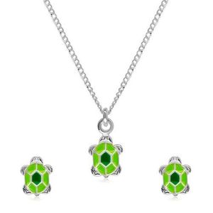 Stříbrná 925 dvojdílná sada - náhrdelník a náušnice, želvička se zelenou glazurou na krunýři obraz