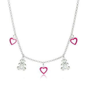 Dětský stříbrný 925 náhrdelník - kontury srdíček s růžovou glazurou a lesklí medvídci obraz