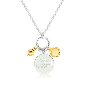 Lesklý stříbrný 925 náhrdelník - známka s nápisem "SUN KISSED", sluníčko a kulička ve zlaté barvě obraz