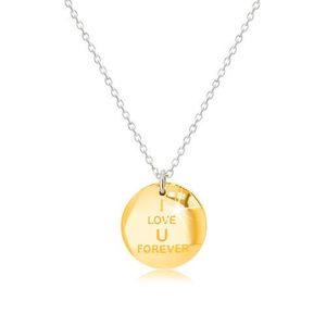 Stříbrný náhrdelník 925 - medailónek ve zlatém odstínu, nápis "I LOVE U FOREVER", zirkonová ležící osmička obraz