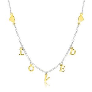 Stříbrný 925 náhrdelník - lesklá srdíčka a nápis "LOVED" ve zlatém odstínu obraz